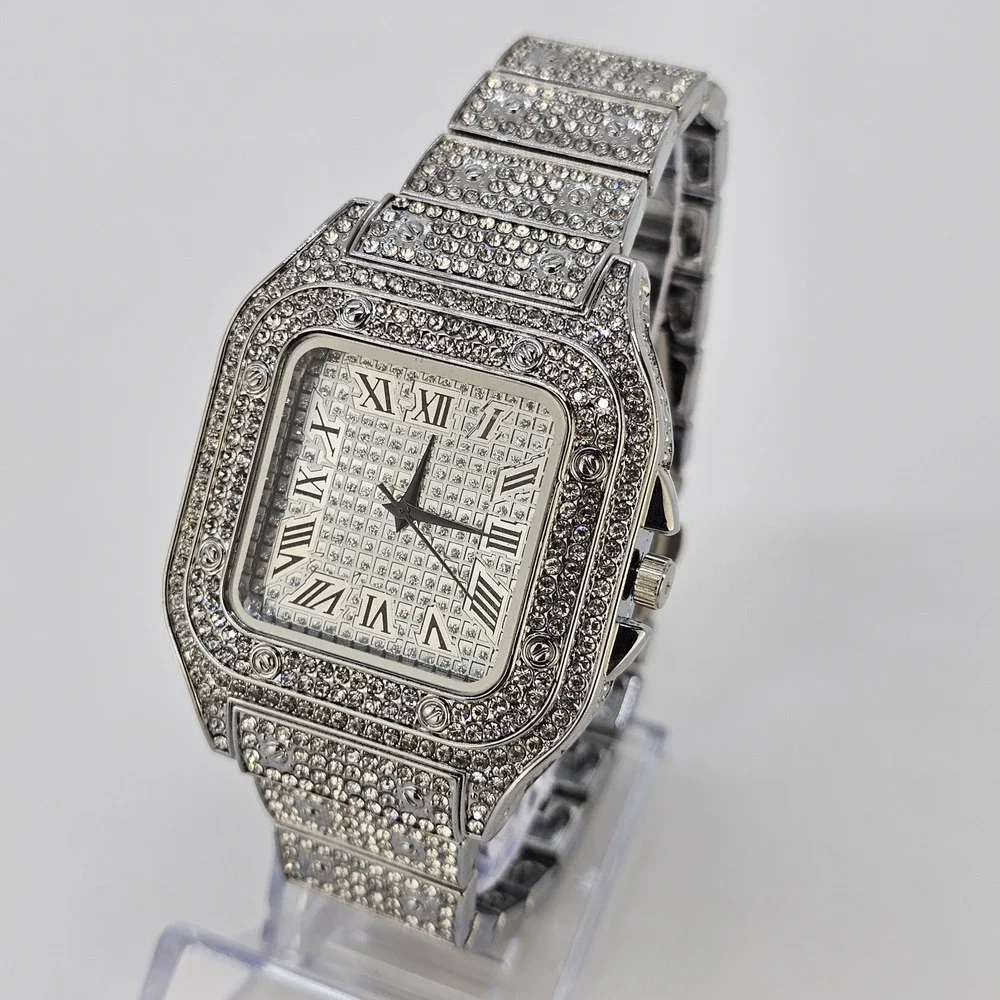 Men's Ice Out Square Watch 41MM Gray Dial Gray Bracelet Band 8